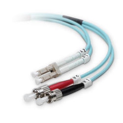 Multi-mode fiber cables with LC (top) and ST (bottom) optical fiber connectors, both with protective caps in place.
